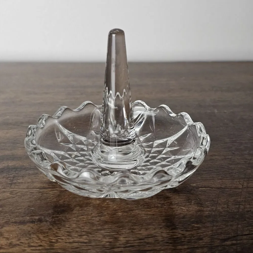 Vintage Clear Glass Ring Holder Starburst Diamond Design Trinket Dish